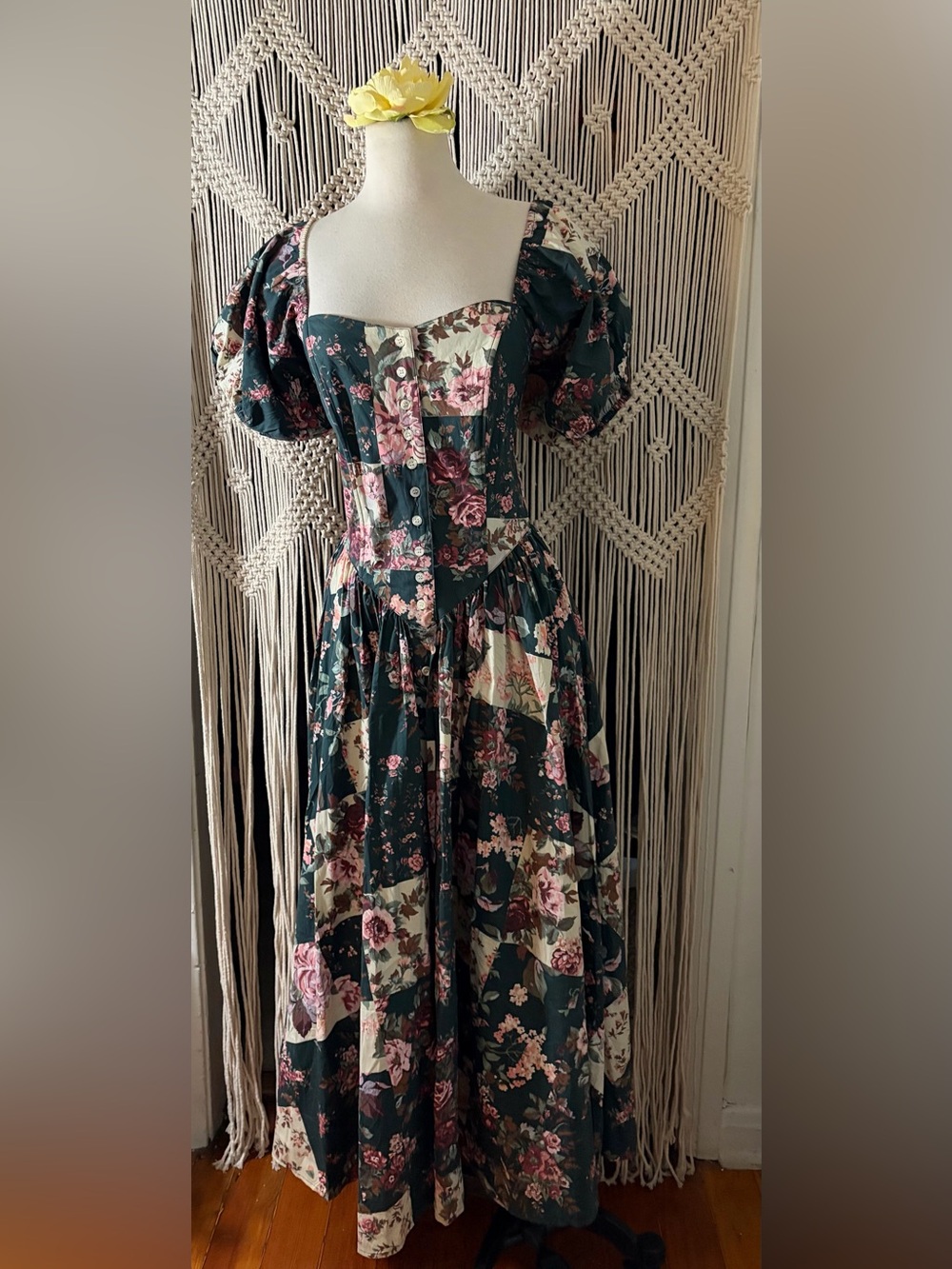 VTG 90s Patchwork Floral Cotton Maxi Dress Puff Sleeve Cottagecore - Picture 5 of 6